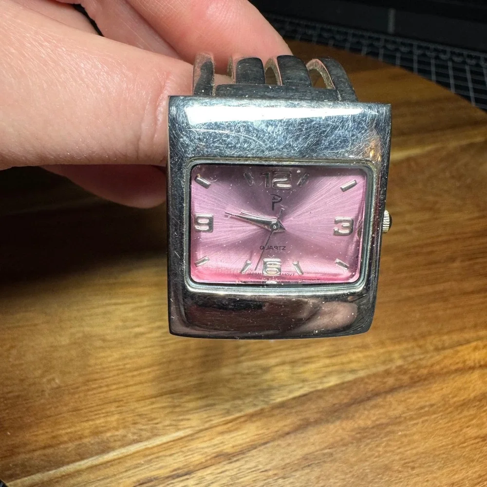 Y2K Silver Tone Pink Dial Cuff Quartz Watch Rectangular Face Parts Repair Vintag
